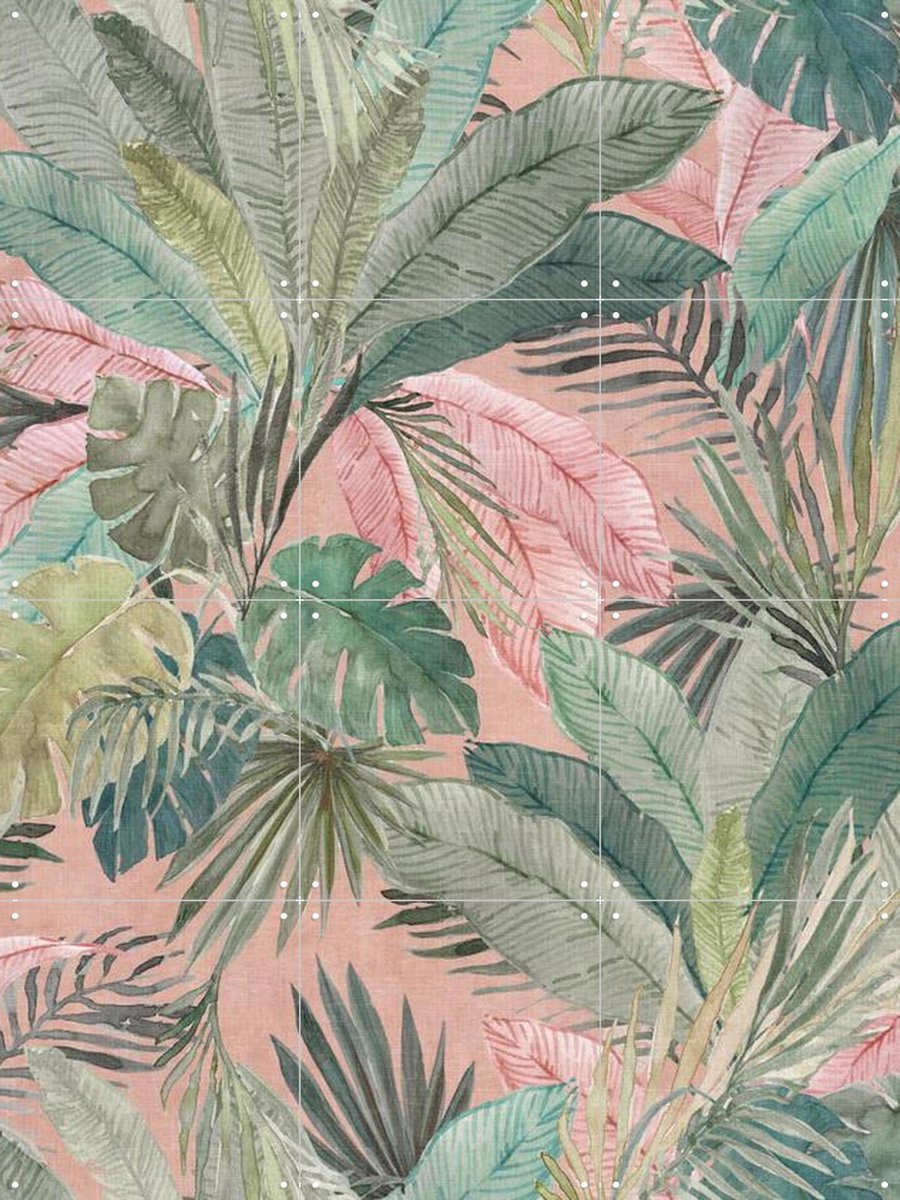 IXXI Tropical watercolour Palms leaves foliage - pink green, Bloomery Decor - 60 x 80 cm - Gratis ophangtool - Grote wanddecoratie en posters
