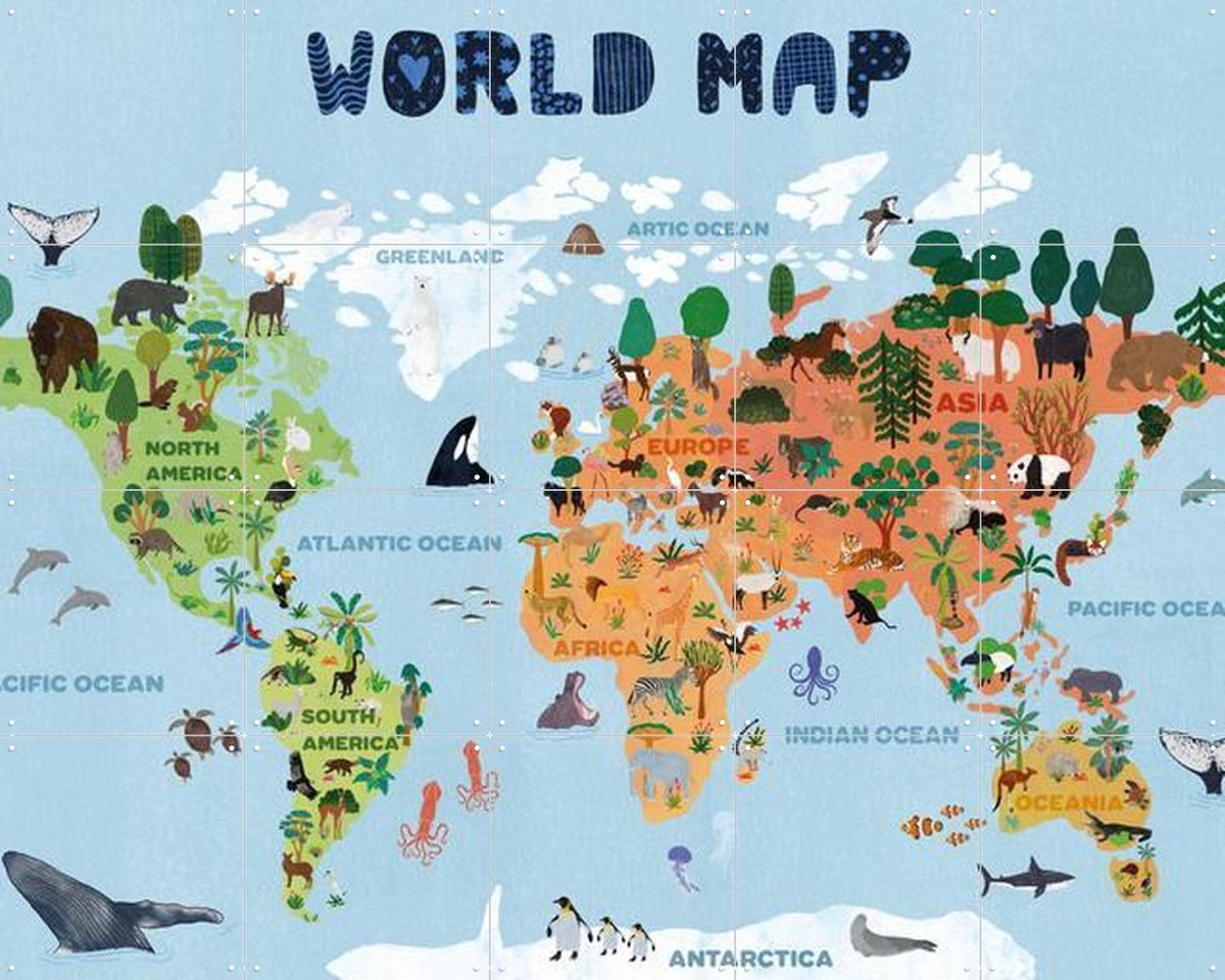 IXXI World Map for Kids, Jota de Jai & Various - 100 x 80 cm - Gratis ophangtool - Grote wanddecoratie en posters - Digitale Kunst, Illustraties