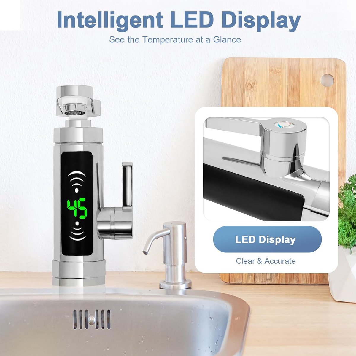 Elektrische waterkraan, 3000 W, met led-temperatuurweergave, 3S warm water, 360 graden draaibaar, IPX4 waterdicht en veiligheidsbescherming (220 V, zilver), voor keuken, badkamer, inclusief waterpijp [Energieklasse A+]