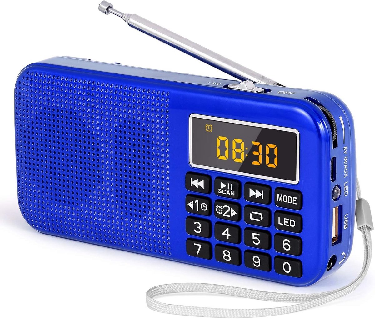Draagbare Radio - Blauw - 135 x 66 x 28 mm - Oplaadbare Batterij met Klok en Noodverlichting - Voor Binnen en Buiten