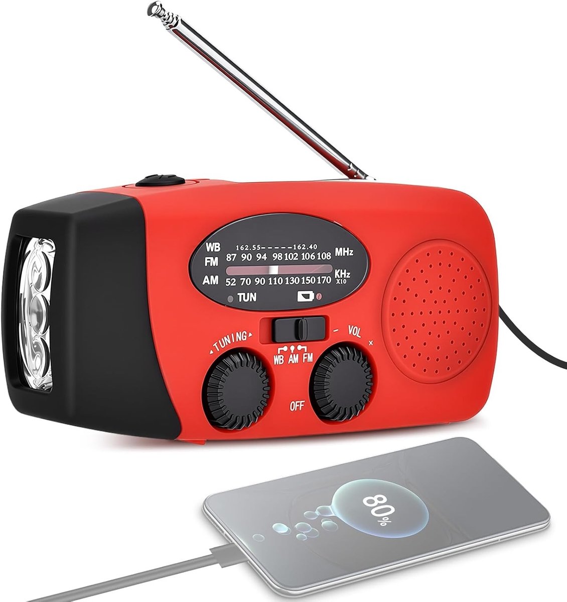 Zonne-oorlogsradio met Handcrank - Zwart - Draagbare Oplaadbare Noodradio met Flitslamp - Voor Kamperen en Overleven