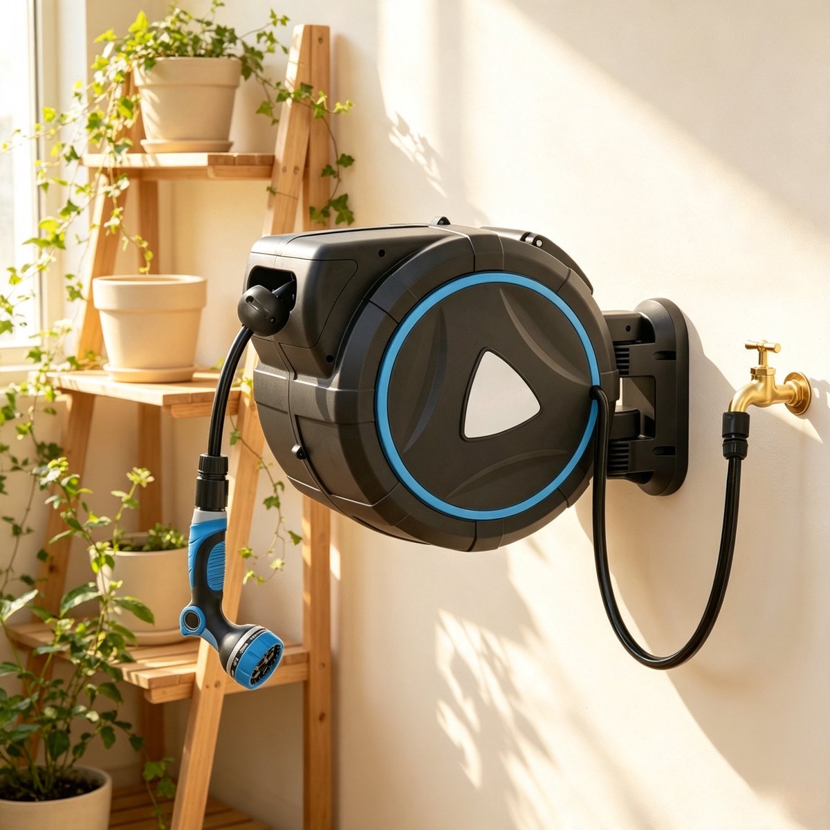 REDOM - Tuinslanghaspel - Automatisch oprolsysteem - Wandmontage - 10 sproeistanden - Voor tuin en reiniging - Kunststof - Blauw - 55 x 31 x 50 cm