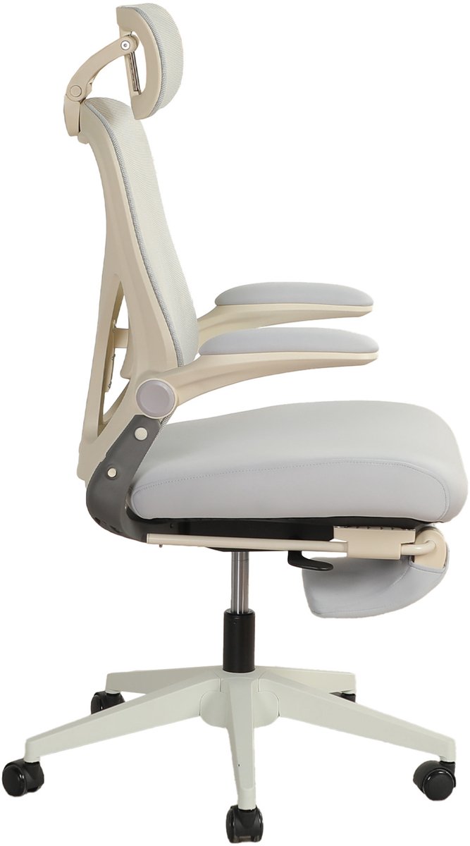 OKWISH Ergonomische Bureaustoel – Inklapbaar Ontwerp Met 3D Hoofdsteun, Lendensteun En Voetsteun – Voor Werk En Studie – Netstof – Grijs