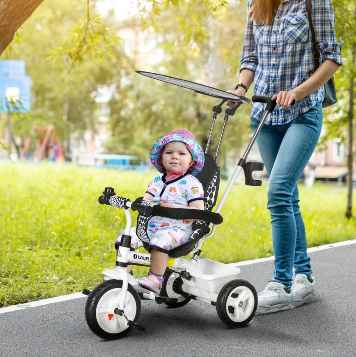 MODFU-Kinderdriewieler-Met Duwstang En Zonnescherm-Metaal-Wit-105 X 47 X 98 Cm