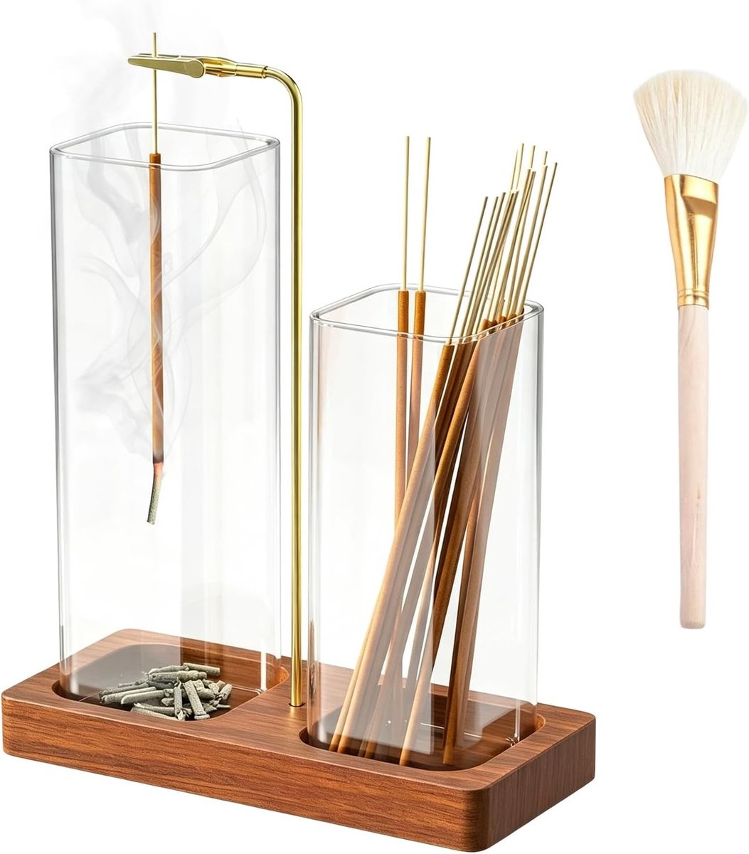 2-in-1 Wierookstokjeshouder met Glazen Opslag en Asvanger voor Meditatie, Yoga en Zen Decoratie