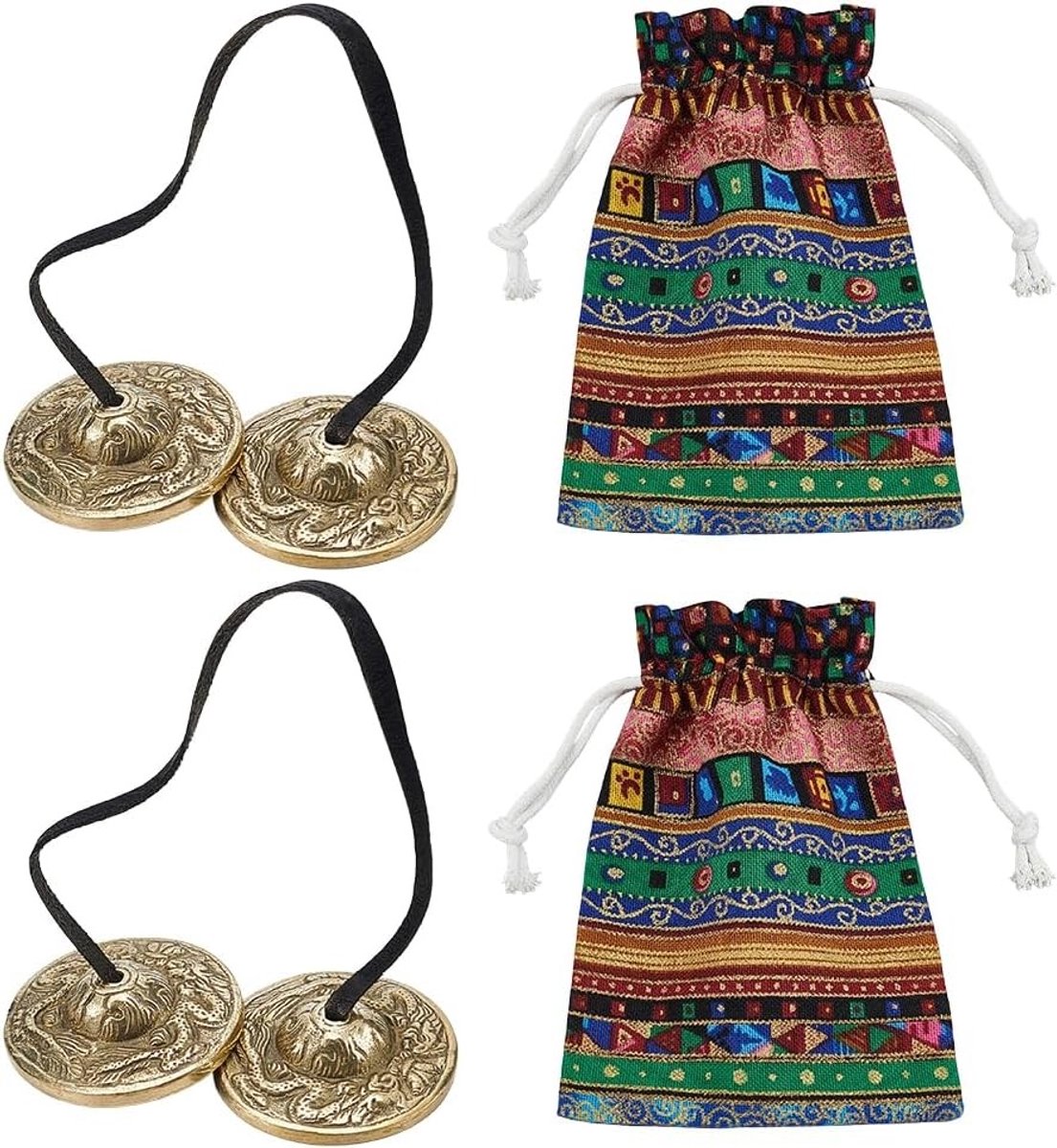 2 Stuks Tibetaanse Tingsha Bekken met Gouden Draak en Feniks Reliëf voor Meditatie en Yoga - Geluid Klokken met Trekkoord en Doek Tassen, Ideaal voor Vinger Meditatie Accessoires en Gereedschap