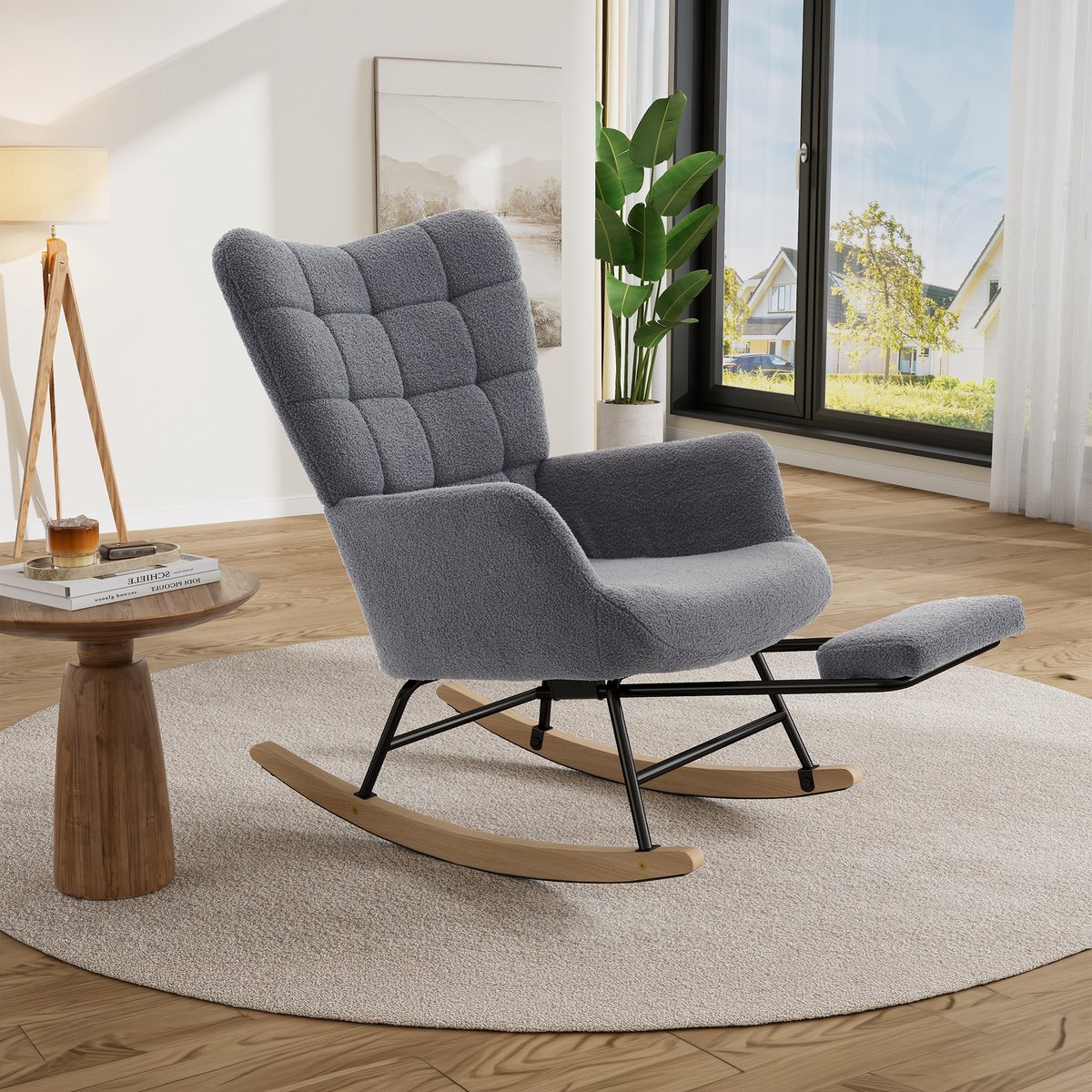 STILVORA Schommelstoel – Comfortabel Met Voetensteun – 91 x 61 x 88 cm – Teddystof en Metaal met Hout – Grijs – Voor Lezen en Ontspannen