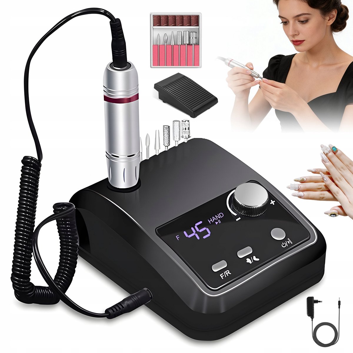 Elektrische Nagelvijl - Nagelfrees - Manicure & Pedicure Set - 0-45000 RPM - LCD - Voetpedaal - 6 Bitjes & 6 Schuurrolletjes - Aluminium Hendel - 220V - Gel en Acryl - Voor Salon en Thuis - Zwart