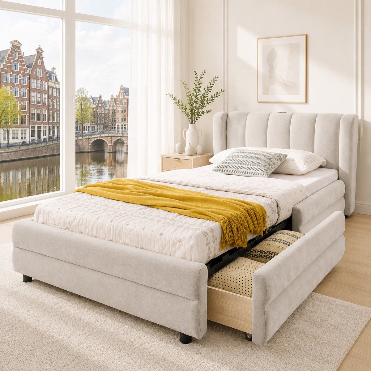 WUVRIE 90x200 cm enkel bed met opberglades links/rechts, USB-lader, chenille stof – beige, ergonomisch & ruimtebesparend zonder matras