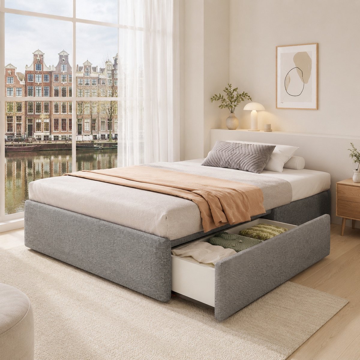 WUVRIE 90x200cm Polsterbett Stofengevoerd Bedframe Grijs - Zonder Hoofdbord, Met Hydraulische Opbergruimte En Bedlade