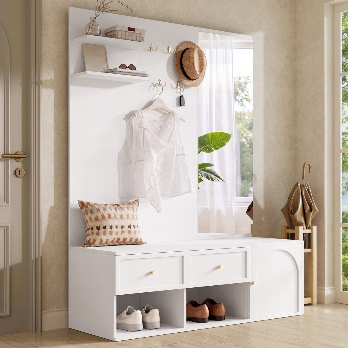HAUSS SPOLE Kledingrek - Wandgarderobe Met Spiegel En 5 Haken - Voor Hal En Entree - Spaanplaat - Wit - 120 X 35 X 159 Cm