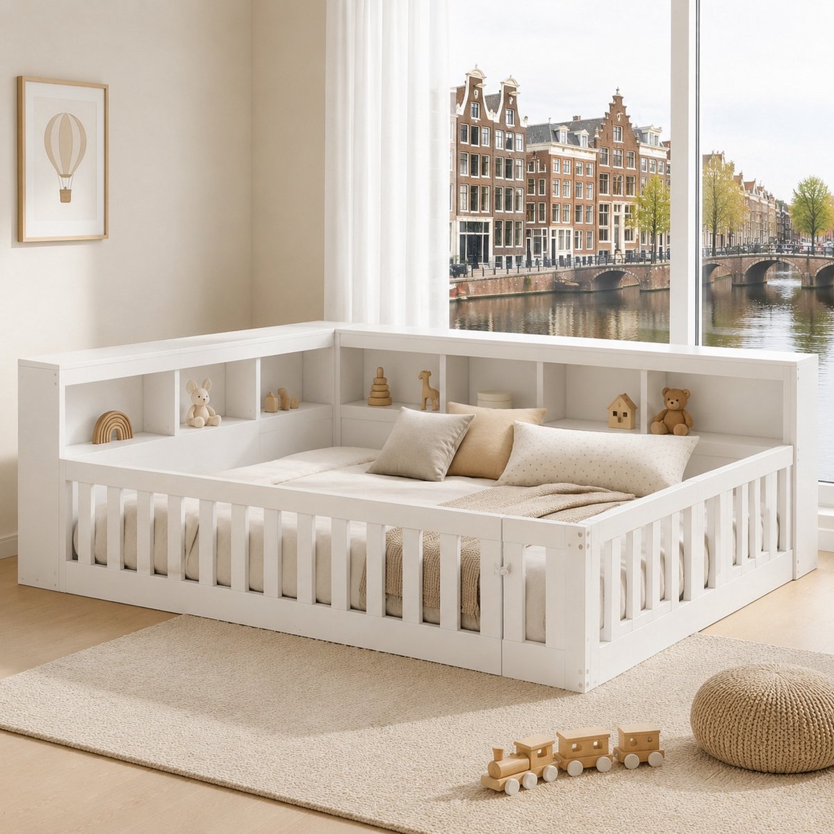 WUVRIE Bedbank 140x190 cm met lattenbodem, opbergruimte, uitvalbeveiliging, stopcontact en USB, wit