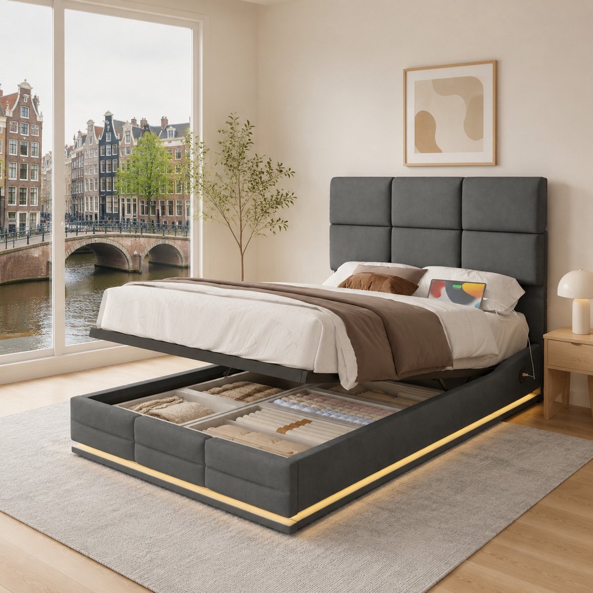 WUVRIE 90x200 cm Modern bedframe met fluweelbekleding - verstelbaar hoofdeind, USB/Type-C poorten, LED ambient lighting, hydraulisch lift & XXL opslag - grijs - zonder matras Donkergrijs