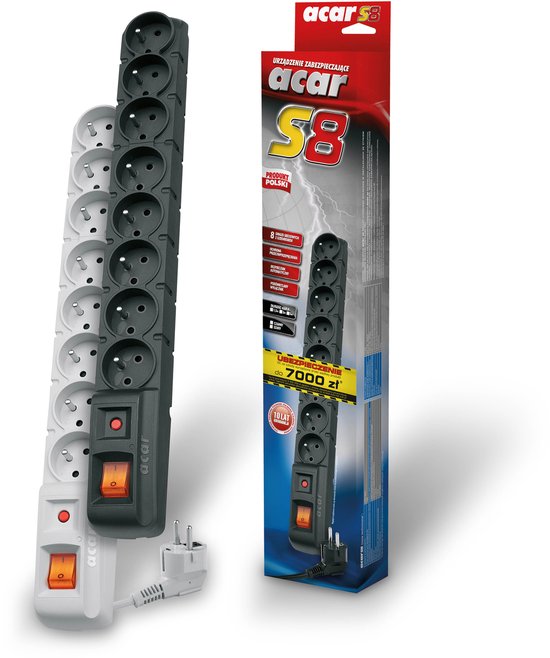 Acar S8 overspanningsbeveiliging met 8 geaarde stopcontacten, in wit en grijs, met rode schakelaar.