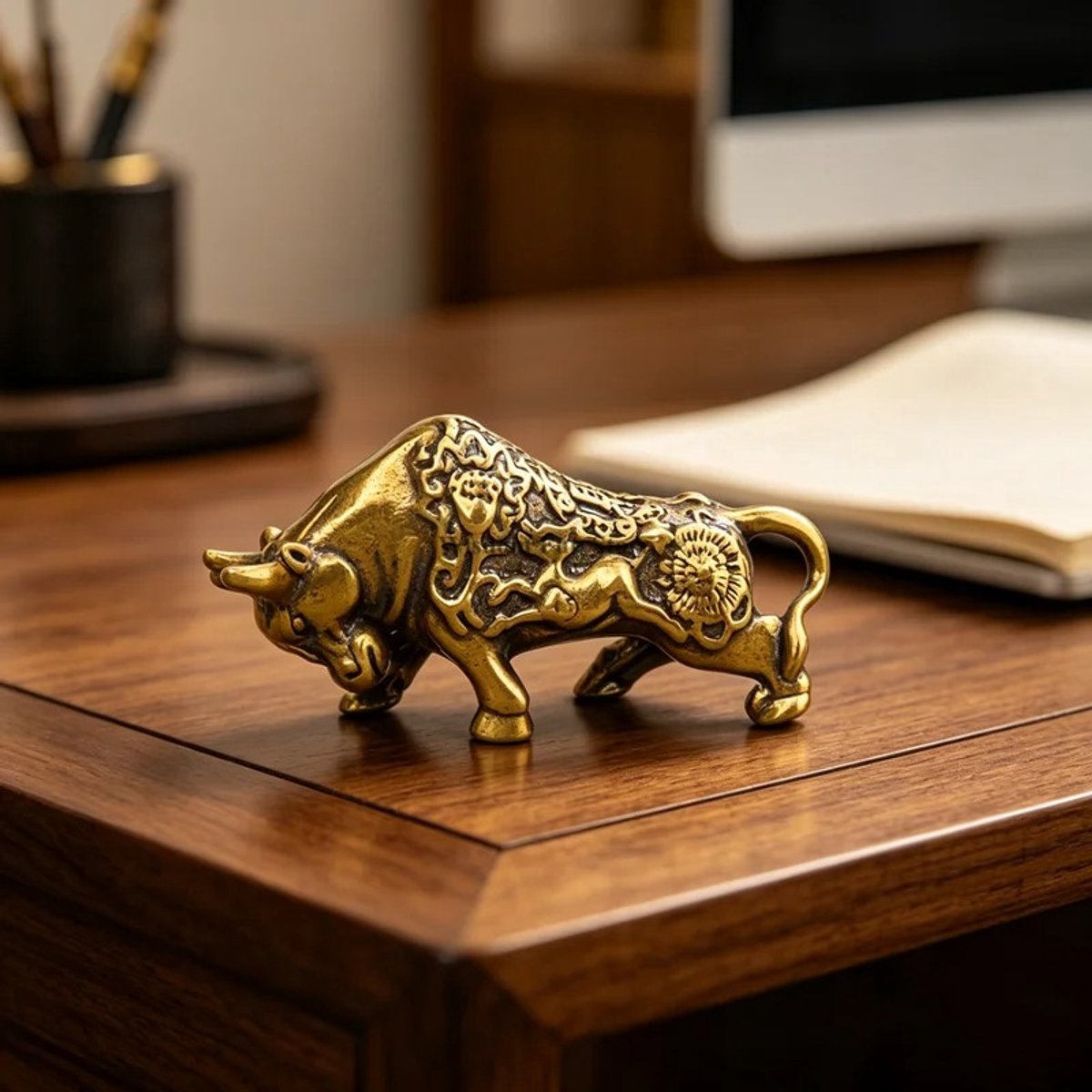Messing BTC Stier Beeldje - Bitcoin Bull - Antiek Koperen Feng Shui Geluksstier - 4 cm - Financieel Success Figuur