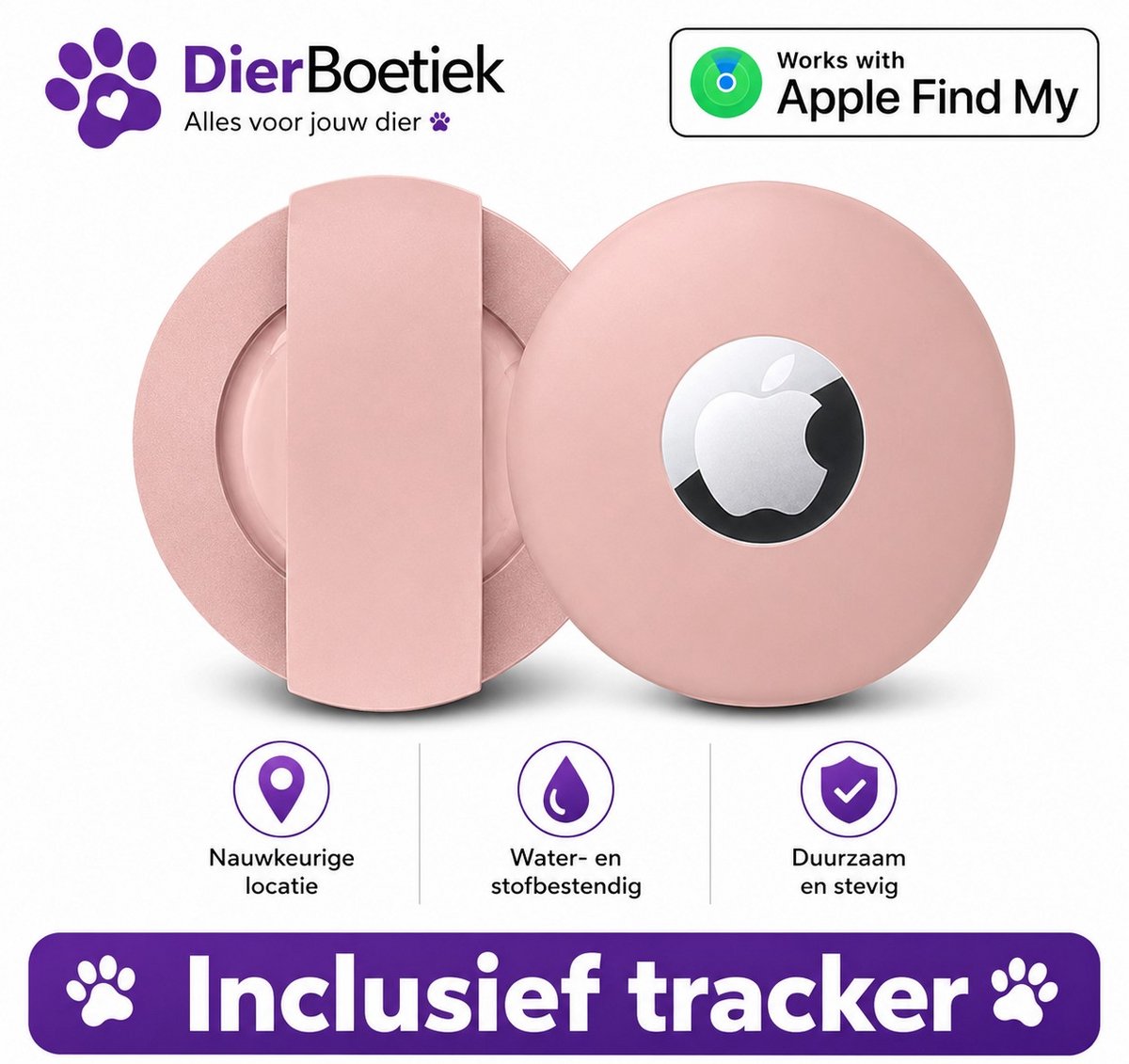 Dierboetiek® Huisdier Tracker Hond & Kat – Tag voor Halsband – Apple Find My – Locatietracker – Penning - Roze