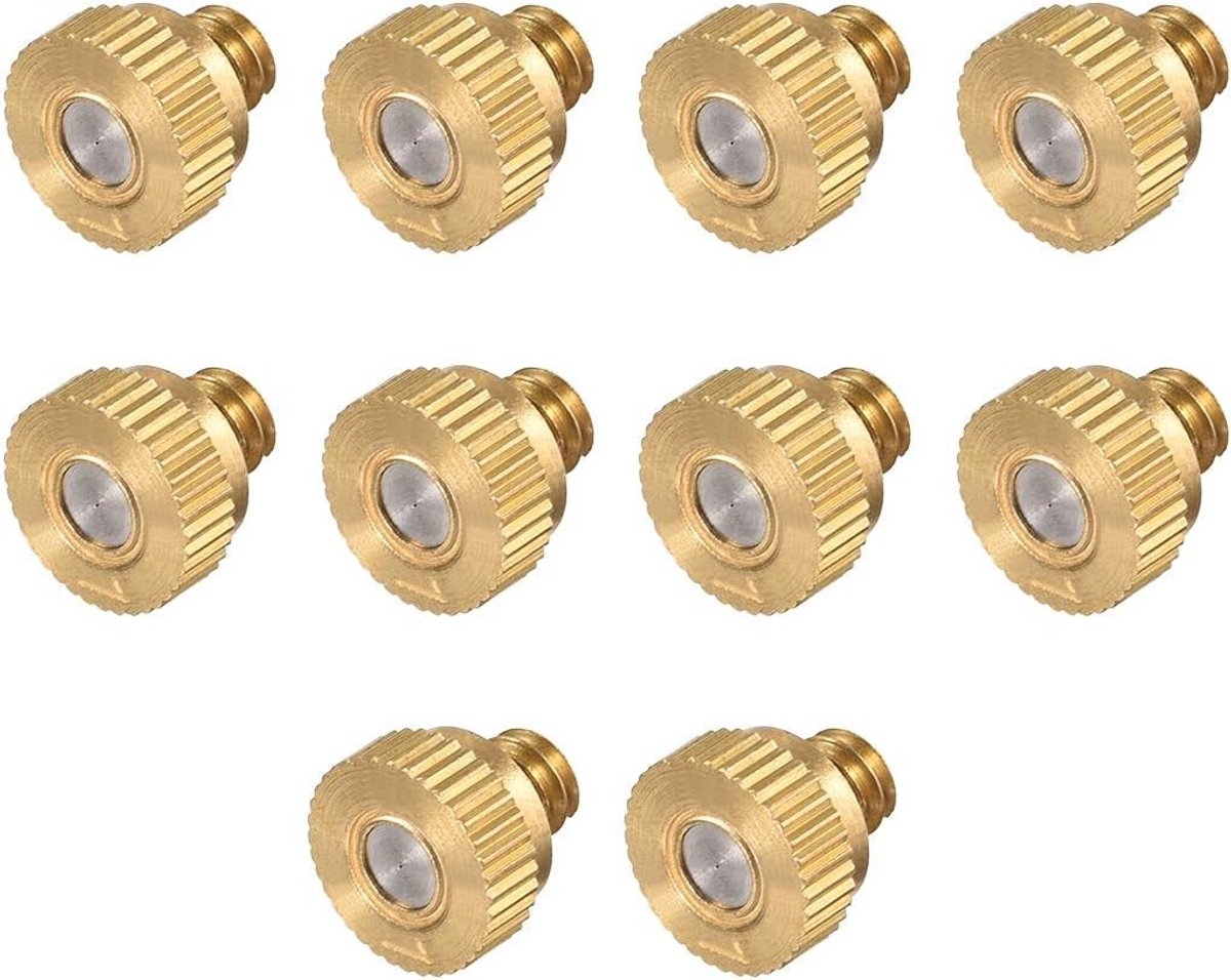 10 Stuks Messing Mistmondstukken voor Buitenkoeling, 10/24 Inch Draadverbindingen, Vernevelingssysteem met 0.1mm Opening voor Tuin en Terras