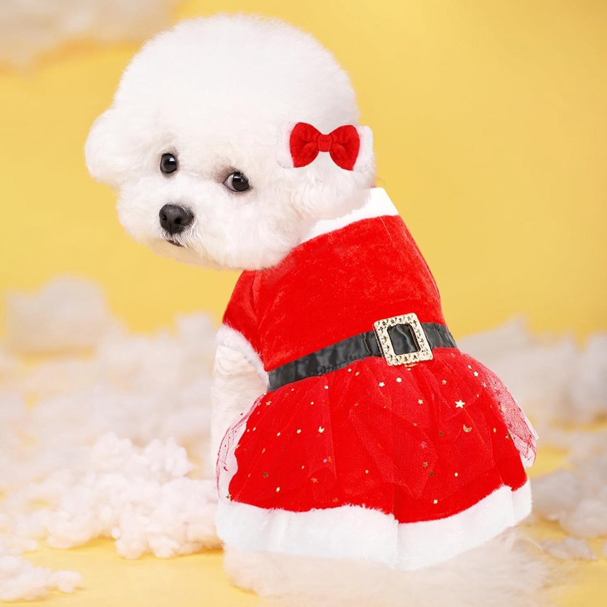 Feestelijke Kerstoutfit voor Honden en Katten, Schattige Jurk met Strik en Haarband, Fluwelen Rok voor Dieren, Perfect voor de Kerstperiode