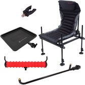 Complete Ultimate feederstoel set met zwarte en grijze bekleding, inclusief hengelsteun, voederbakje en accessoires.