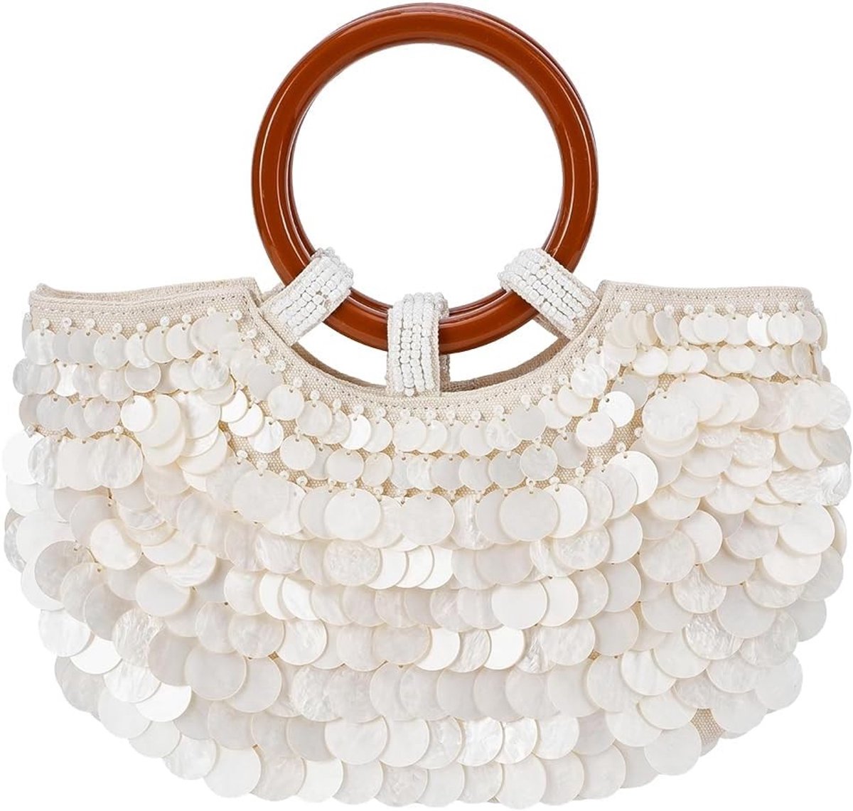 Handgemaakte Schelpen Clutch Tas 25 x 15 cm - Witte Boho Handtas met Houten Handvat voor Strand, Feest en Avondgebruik