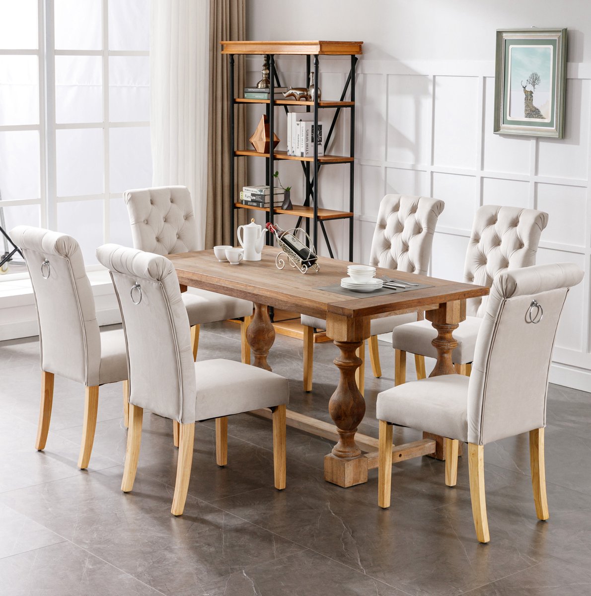 HAUSS SPOLE Eetkamerstoel Set Van 4 - Moderne Fluwelen Stoel Met Knoopaccenten En Comfortabele Zitting - Voor Eetkamer En Woonkamer - Hout - Beige