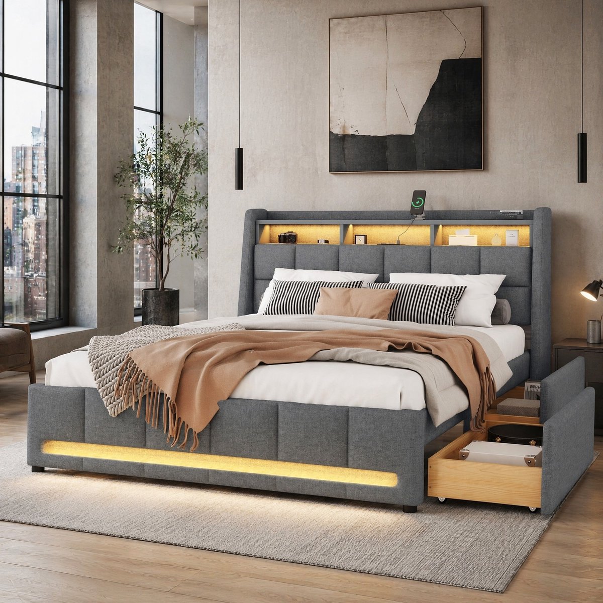 COVREO Polsterbett 140x200 cm zonder matras - Stoffering grijs - LED-omgevingslamp + USB + opbergruimte + lades