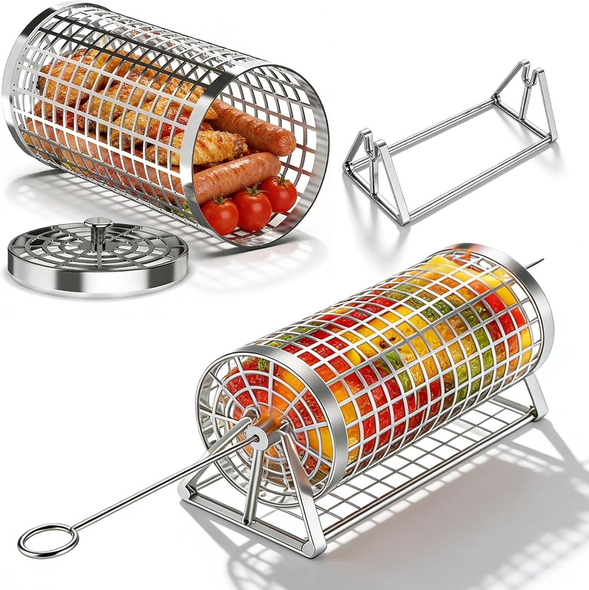 Grillmand - Zilverkleurig - 220 × 103 mm - Roestvrij Staal met Afneembare Houten Handgreep - Voor Buiten