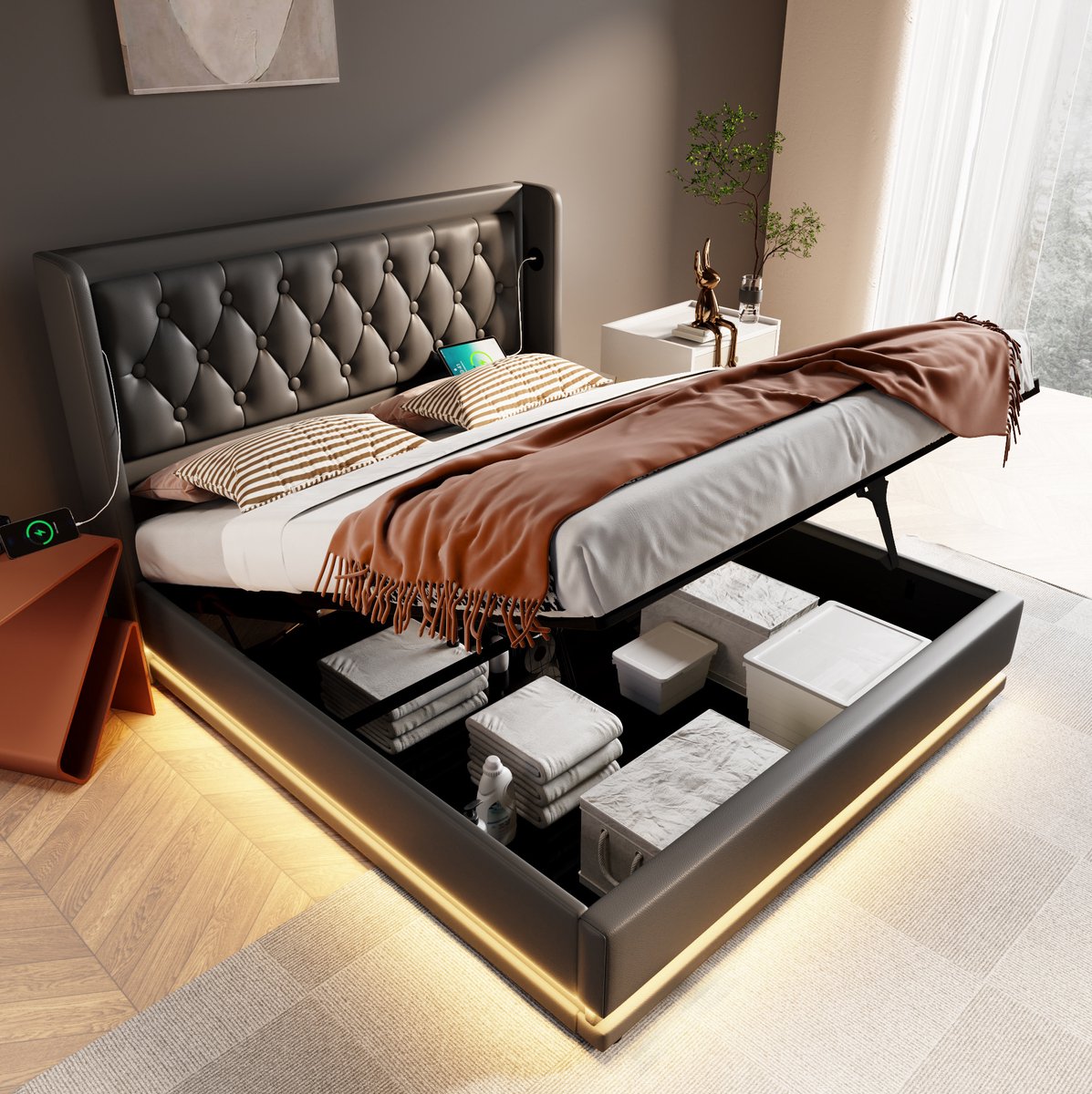 Gestoffeerd Bed 180x200 cm - Hydraulisch Opbergbed met USB en Type C Aansluiting - 3-Zijdige Ledverlichting - Zonder Matras - PU - Zwart