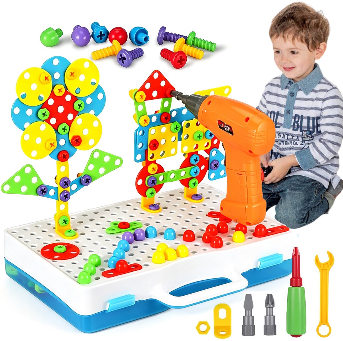 Constructie Bouw Speelgoed met Werkende Boormachine - 2D/3D Schroef Mozaïek - Montessori Bouwspeelgoed - Constructie Speelgoed - BPA-vrij - Educatief Speelgoed - 3-7 Jaar - Voor Ontwikkelt Fijne Motoriek