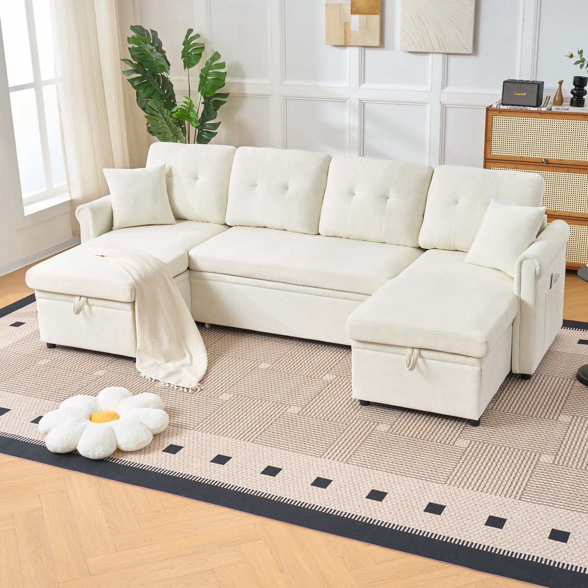 REDOM - U-bank met slaapfunctie - U-vorm met opbergruimte - Chenille bekleding - Design stijl - Woonkamer of logeerkamer - Beige - 266 x 130 x 85 cm