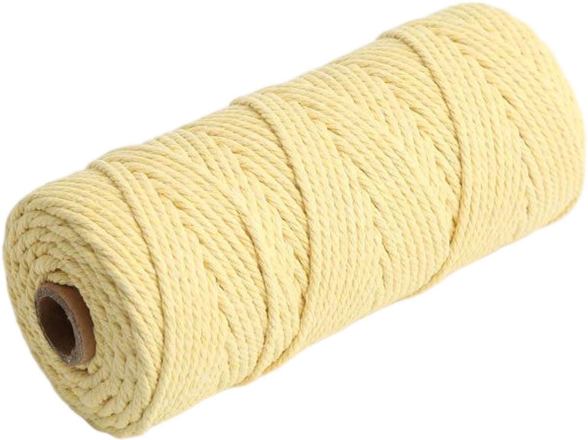 Macramétouw 3 mm x 100 m, natuurlijk katoenen draad voor wanddecoratie, plantenhangers, boho-decoratie,lichtgeel