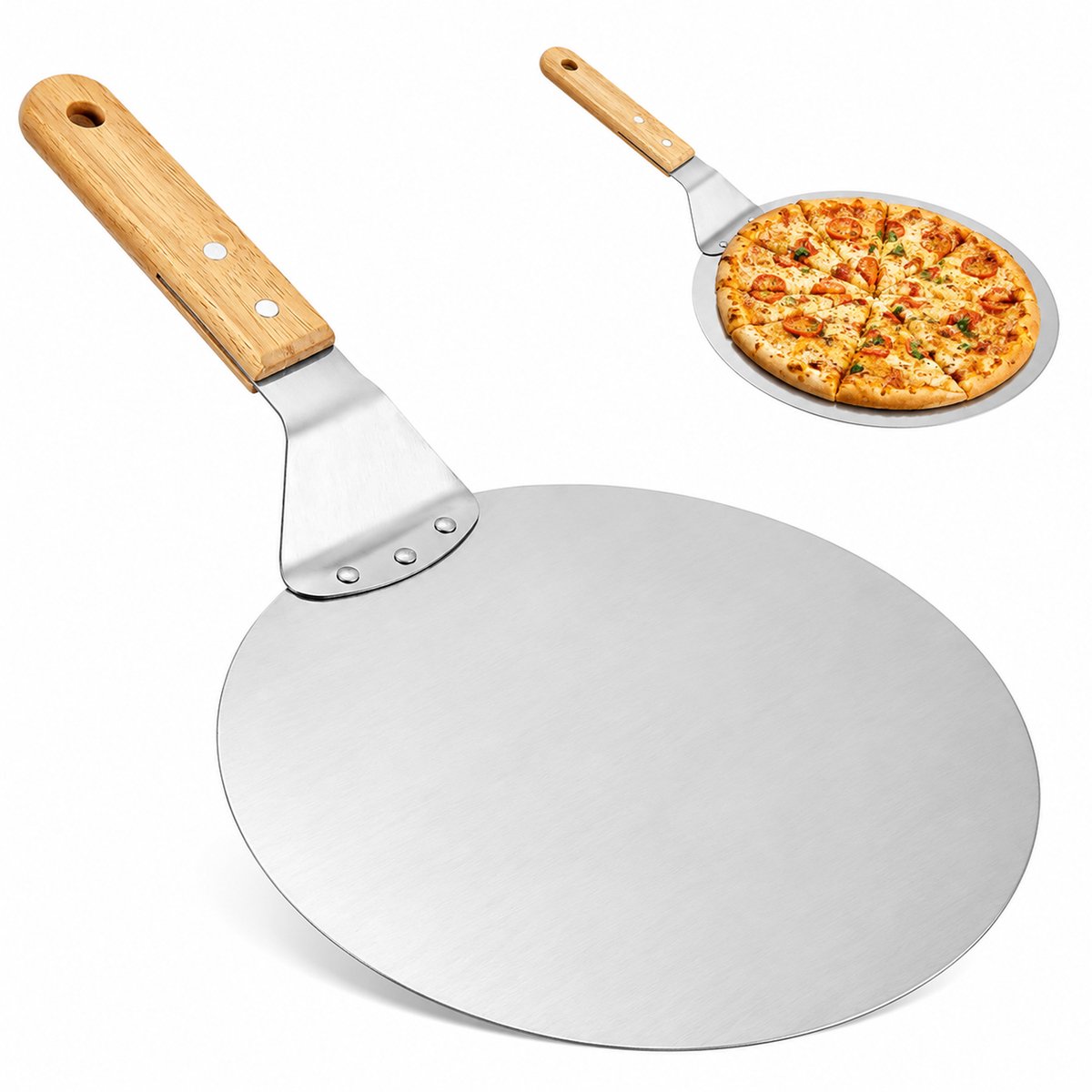 Kaiyaya - 10 inch ronde pizzaschep - duurzaam roestvrij staal - comfortabel houten handvat - voor pizza, brood en BBQ