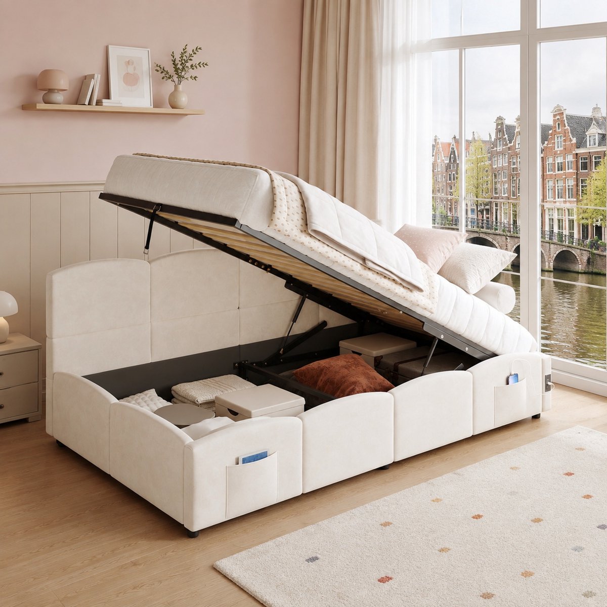 WUVRIE Normaal bed 90x200 cm met opbergruimte, lattenbodem, USB-A/USB-C en zijvakken, beige