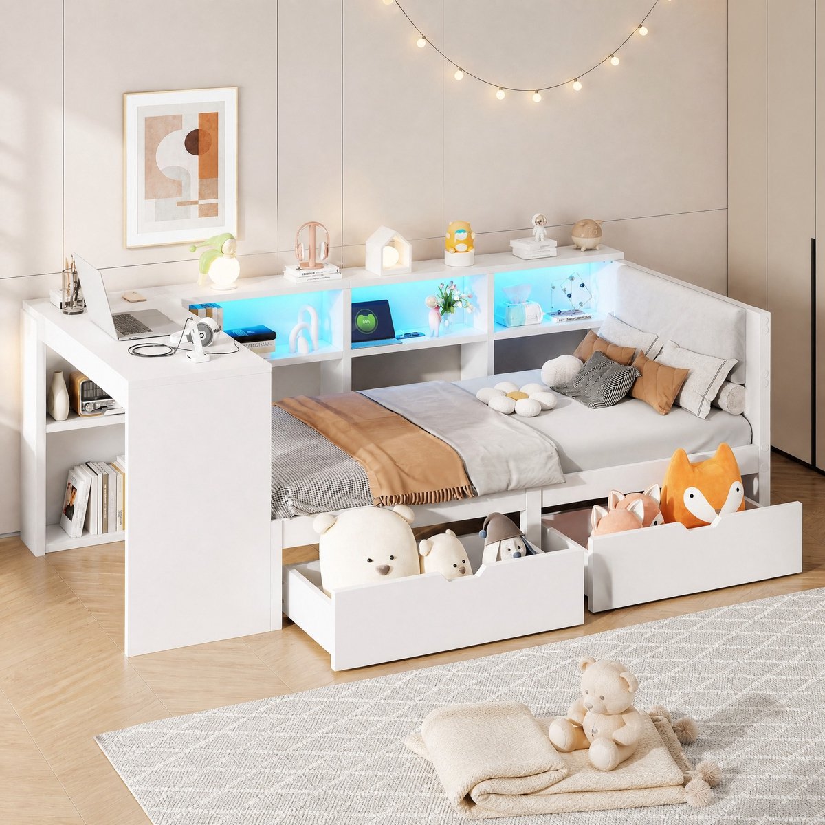 COVREO Bed met 2 lades – 90x200 cm – Eenpersoons bedframe met hoofdbord – met LED en USB-laadstation – Wit - zonder matras