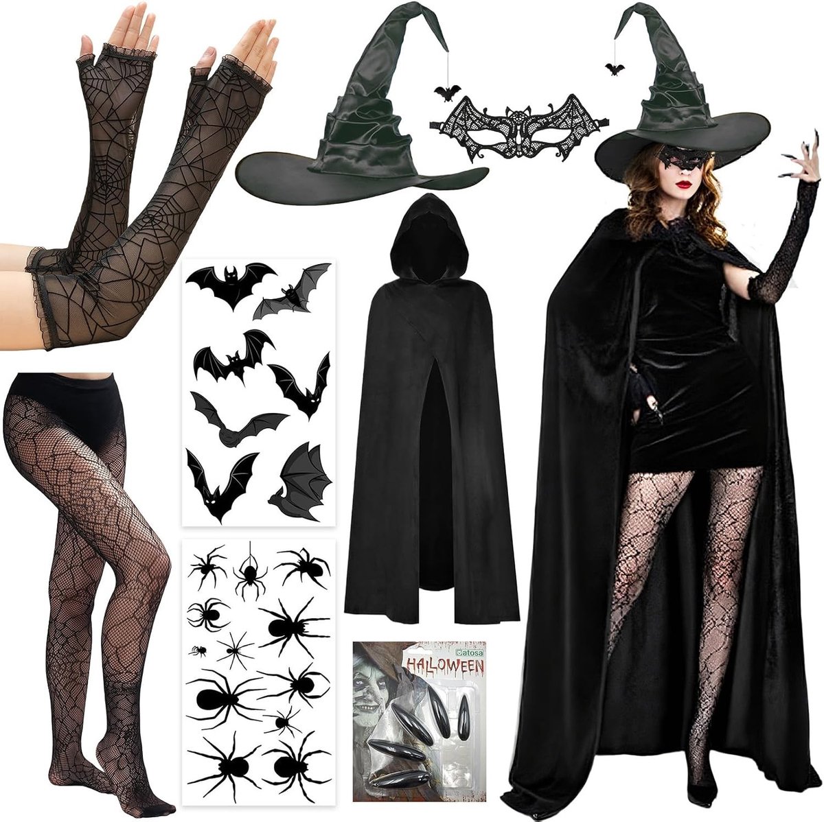 Halloween Tovenaar Kostuum voor Dames - 19-delige Set met Cloak, Hoed, Nagels, Gezichtstickers, Visnetkousen en Oogmasker - Perfect voor Carnaval en Halloween Feestjes