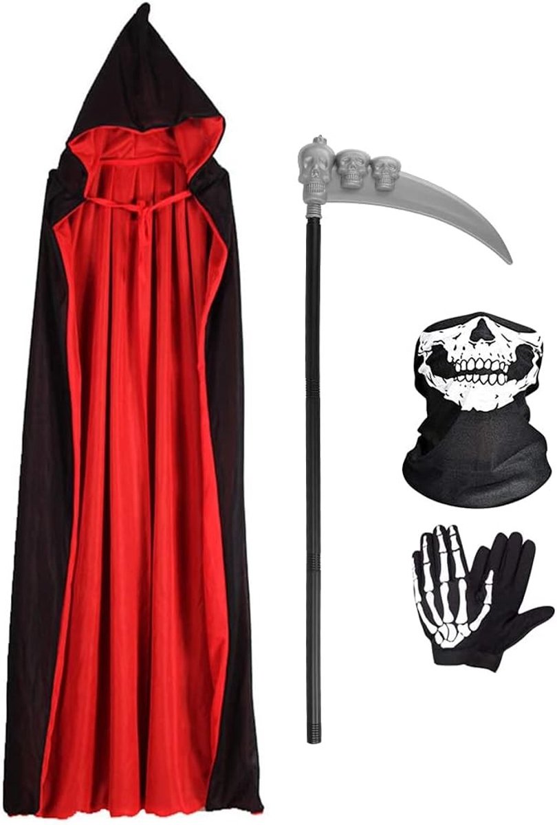 Halloween Kostuum Vampier Unisex Cape met Kap in Zwart en Rood, Inclusief Sikkel, Handschoenen en Masker voor Feestjes en Roleplay