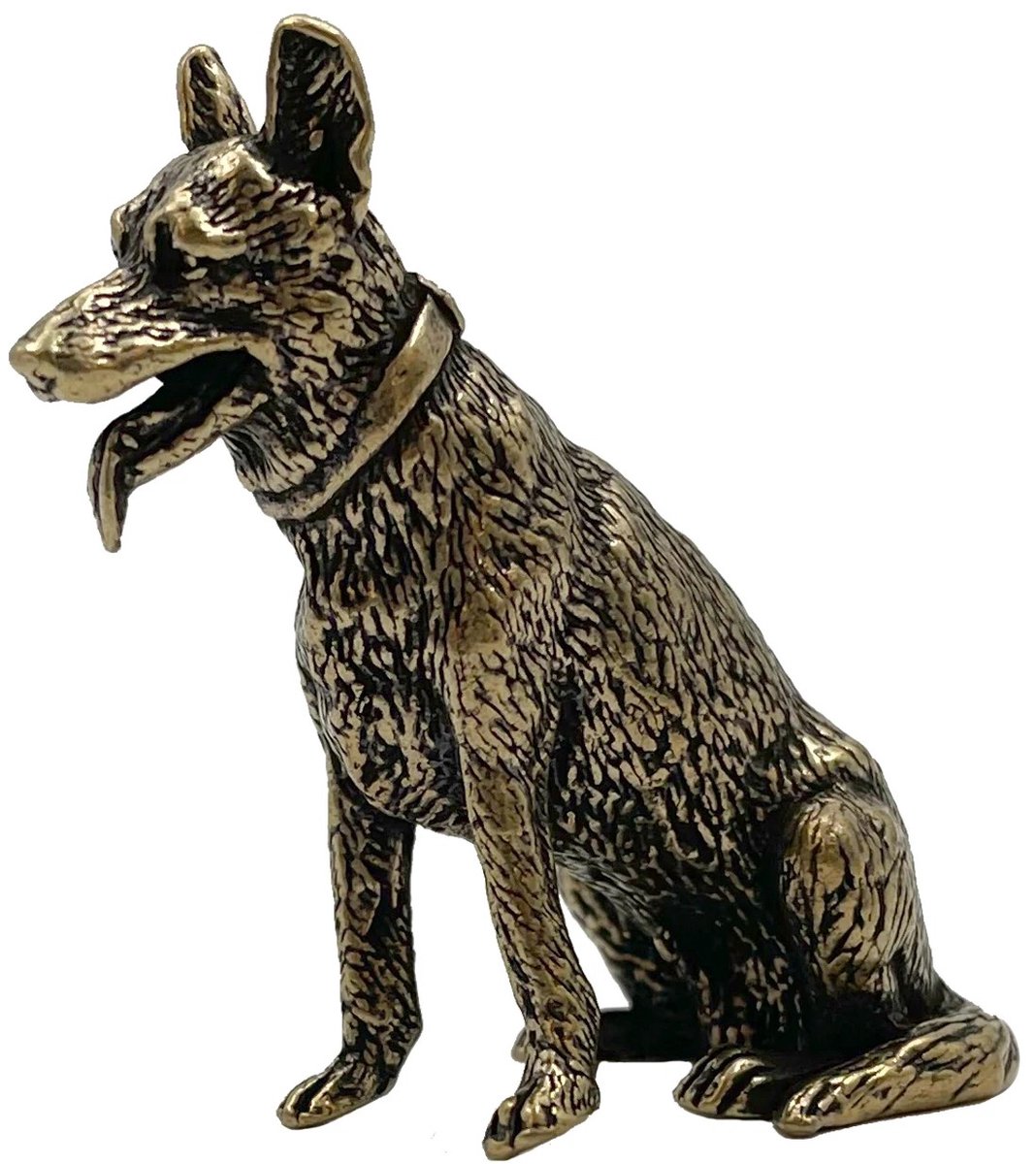Messing Herdershond Beeldje - Antiek Koperen Hond Sculptuur - Vintage Woondecoratie & Bureaubeeldje - 4 cm - Duitse Herder Cadeau Figuur