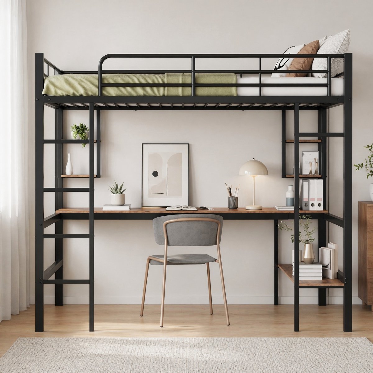 COVREO Hoogslaper met bureau – 140x200 cm – Bedframe van metaal en MDF – met 4 planken, boekenkast en ladder – Zwart - zonder matras