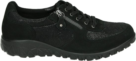 Buitenzijde van zwarte Wäldlaufer sneaker met rits, veters en textuurpatroon.