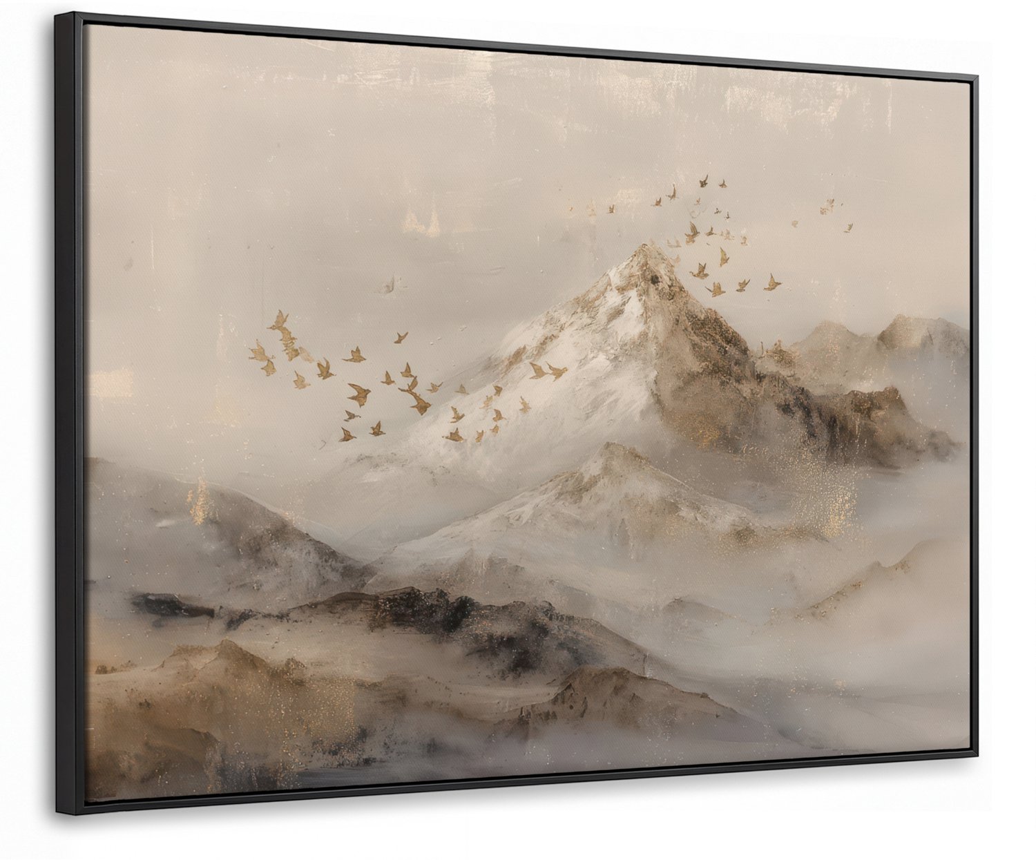 Canvas Schilderij met Baklijst 80x60cm - Berglandschap - Mist - Penseelstreken - Muurdecoratie woonkamer - Slaapkamer decoratie - Kamer accessoires - Schilderijen op canvas met lijst
