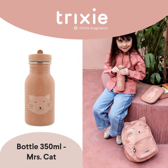 Roze 350ml RVS drinkfles Mrs. Cat met een kattengezicht en bijpassende rugzak en broodtrommel.