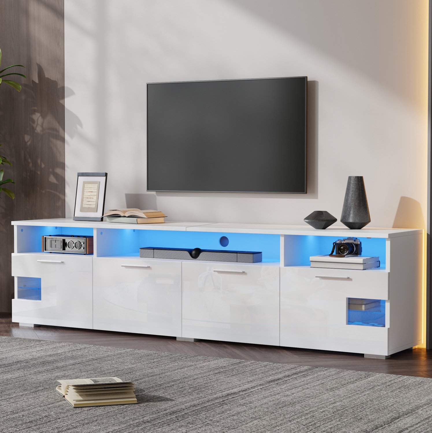 MIVRAY Tv-Meubel - Ledverlichting Met Appbediening en Vier Deuren - Voor Woonkamer en Tv's Tot 75 Inch - Mdf en Spaanplaat - Wit - 180x35x45 Cm