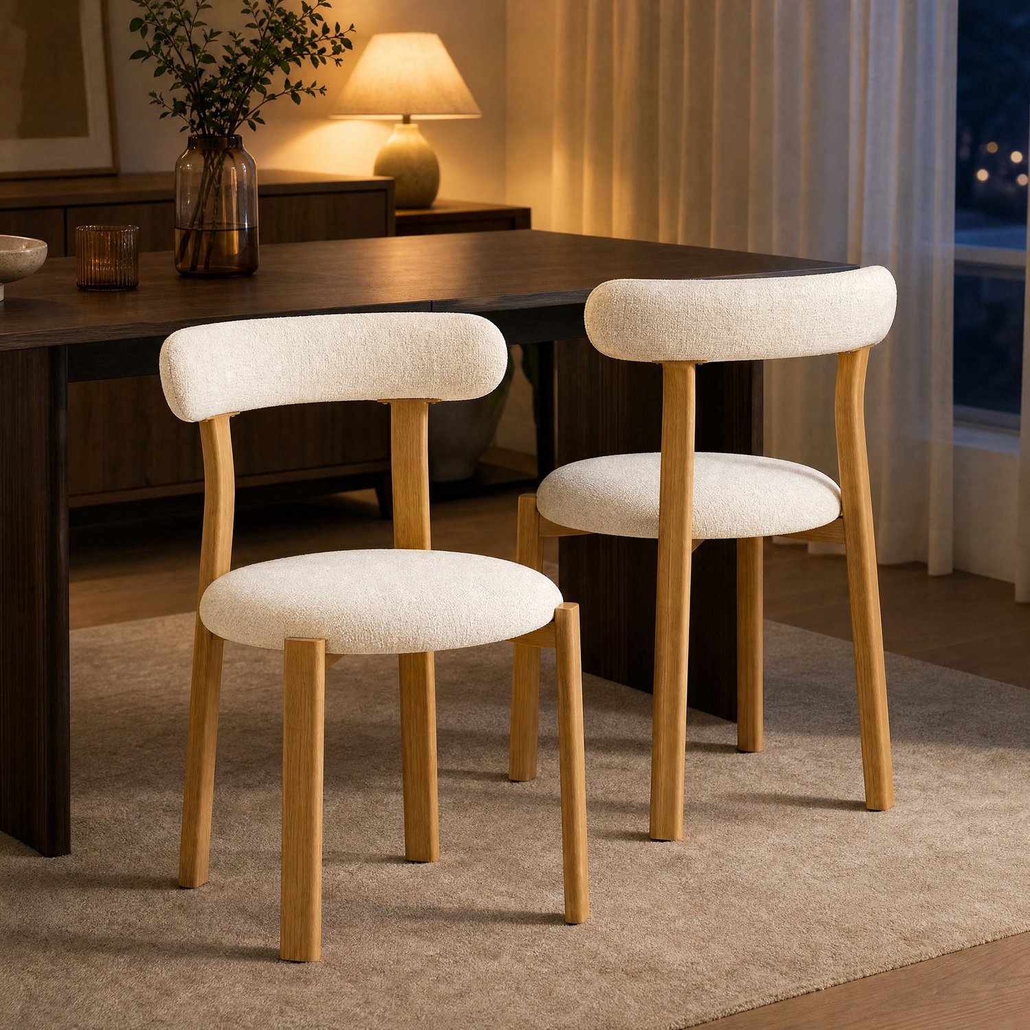 MODFU Eetkamerstoelen Set Van 2 - Gestoffeerd - Gebogen Rugleuning - Houten Poten - Wit