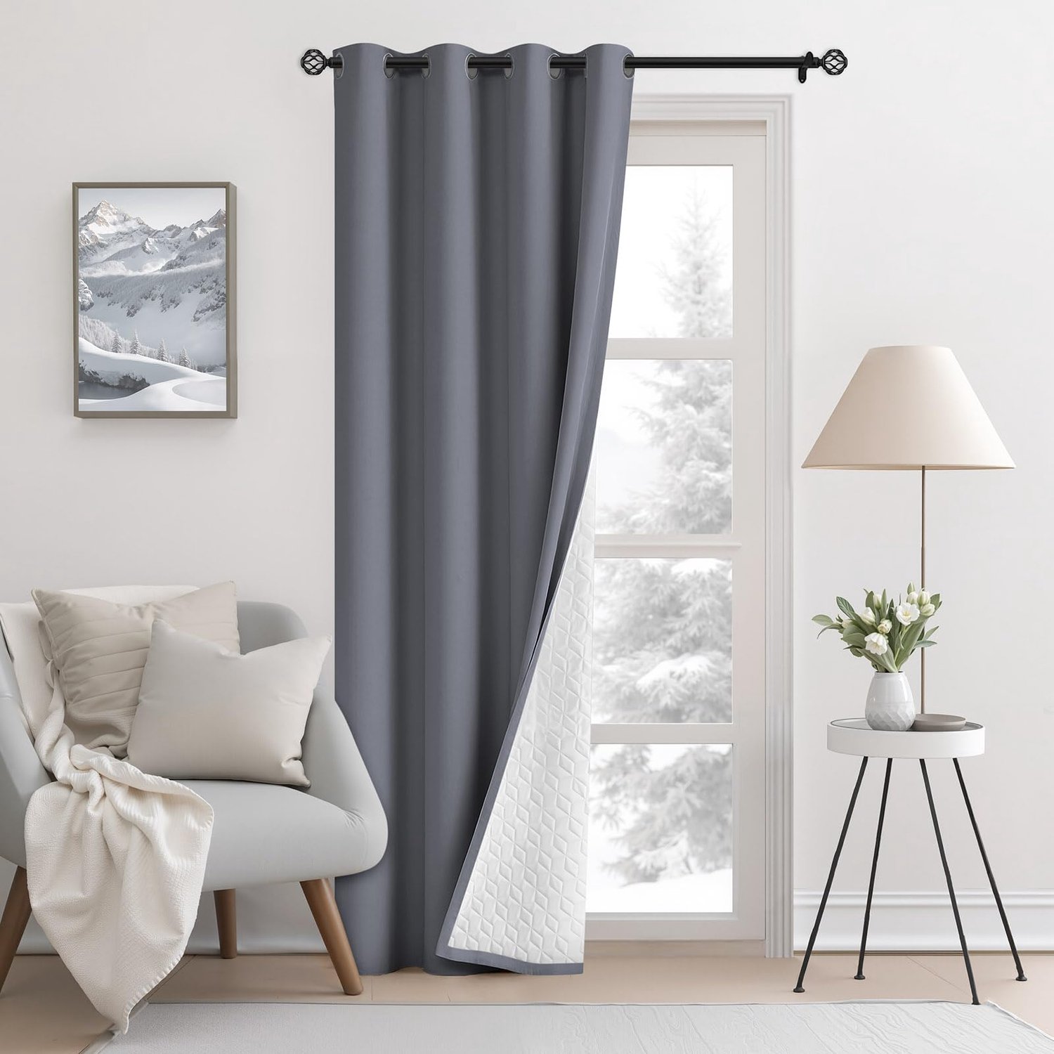 Famanu Verdikt thermisch gordijn, 132 x 245 cm, geluidsarm en koudebestendig, verduisteringsgordijn met oogjes voor woonkamer en slaapkamer, ideaal voor het creëren van een rustige omgeving Grijs