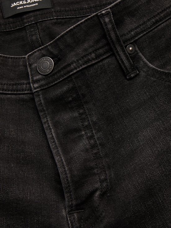 Zwarte Jack & Jones spijkerbroek met merkknoop en label in de taille.