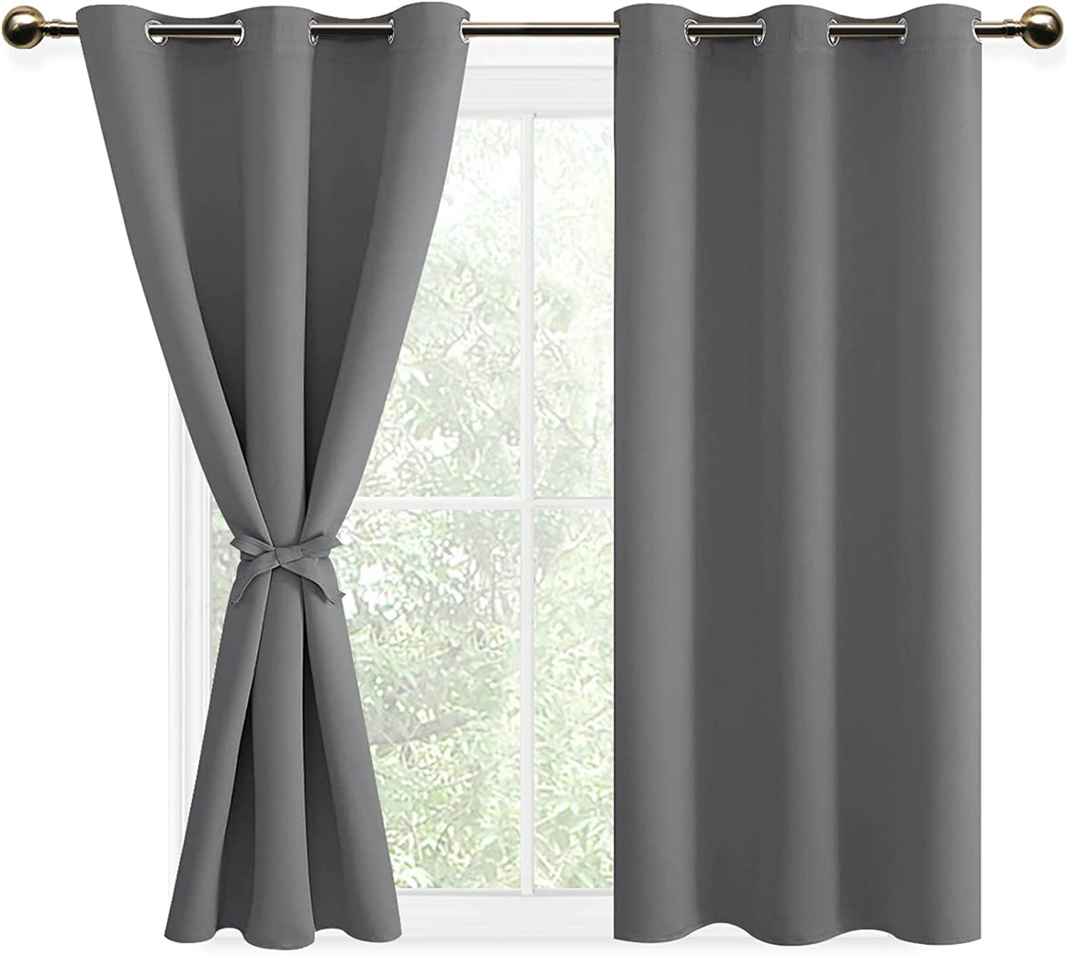 Famanu Set van 2 verduisterende gordijnen met ringen voor slaapkamer, thermische gordijnen, kant-en-klaar, 117x137 cm (B x H), grijs, biedt maximale privacy en geluidsreductie voor een comfortabele leefomgeving