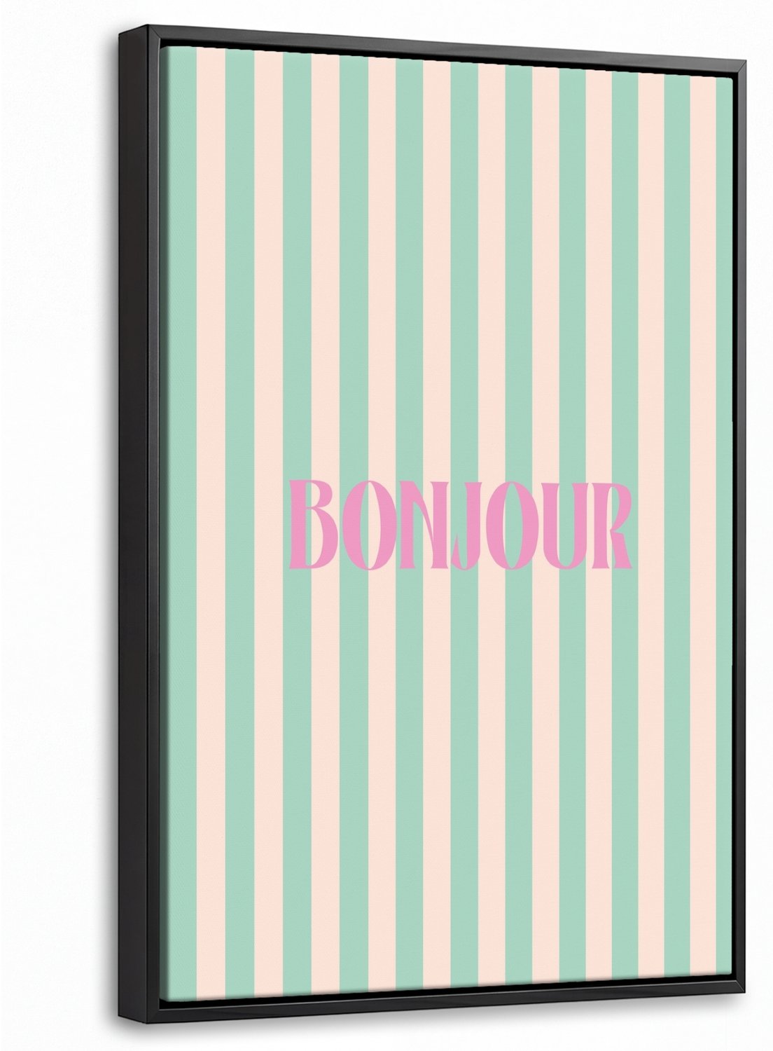 Canvas Schilderij met Baklijst 40x60cm - Roze - Groen - Strepen - Bonjour - Muurdecoratie woonkamer - Slaapkamer decoratie - Kamer accessoires - Schilderijen op canvas met lijst