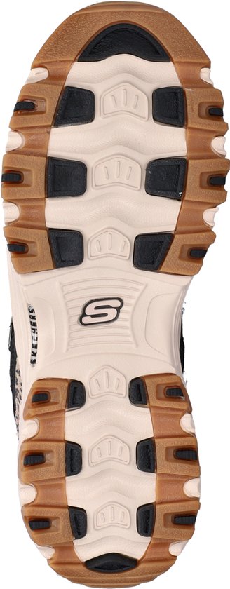 Zool van een zwarte Skechers D'LITES veterschoen met beige en bruine accenten en een grof profiel.