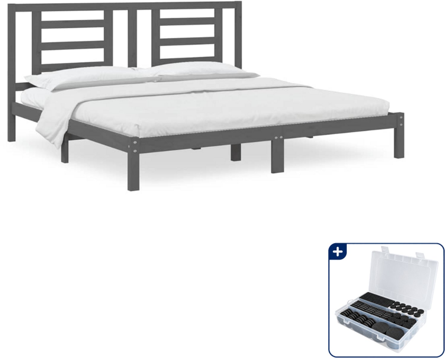 vidaXL bedframe - 200 x 200 cm - massief grenenhout - grijs - Inclusief antikrasvilt 177-delig Blauw