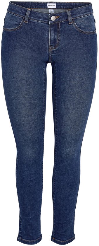 Voorkant van een donkerblauwe skinny jeans met een knoopsluiting en Noisy May-label aan de binnenkant van de taille.